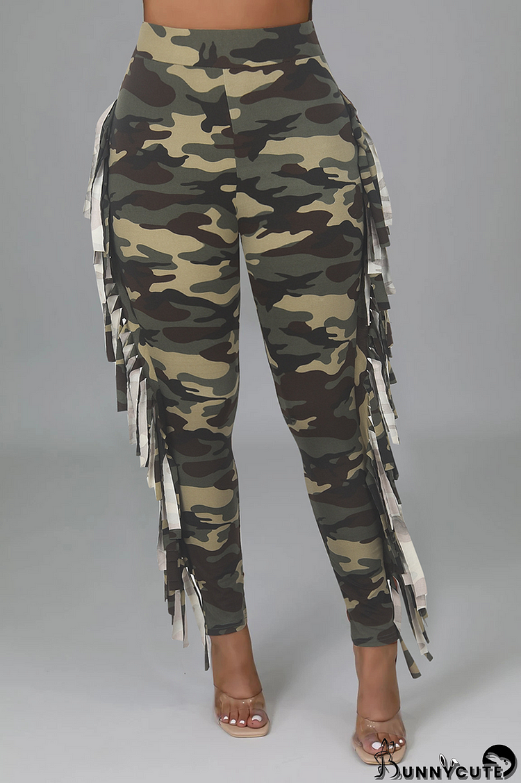 Green Fashion Camouflage Print Tassel Skinny High Waist Pencil Full Print Bottoms