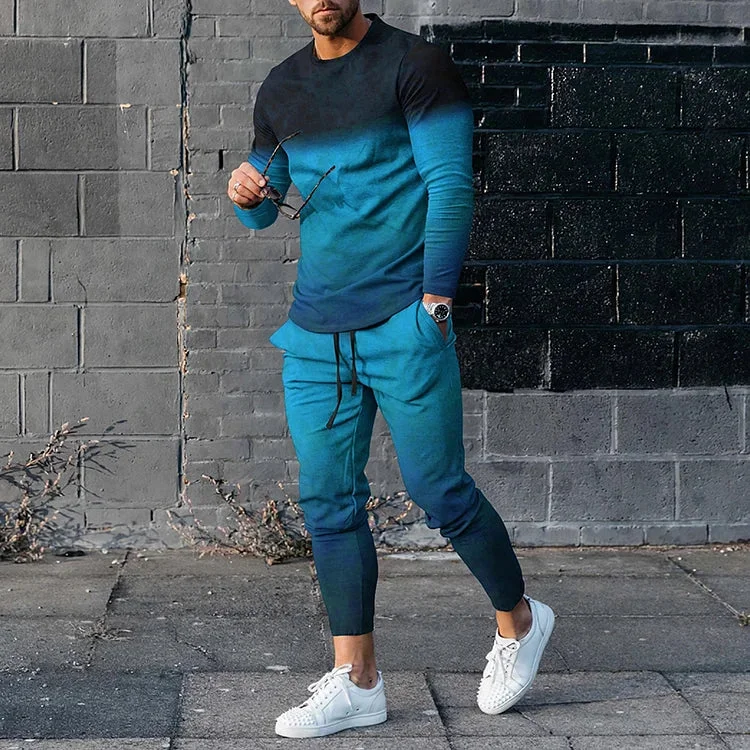 Men's Gradient Color Blocking Long Sleeve T-Shirt And Pants Co-Ord