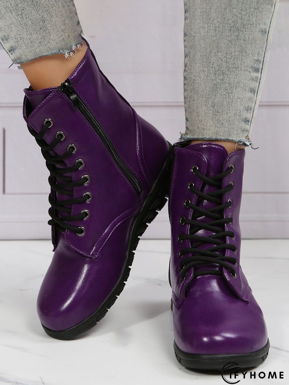 Comfy Lace-Up Decor Boots with Side Zip | IFYHOME