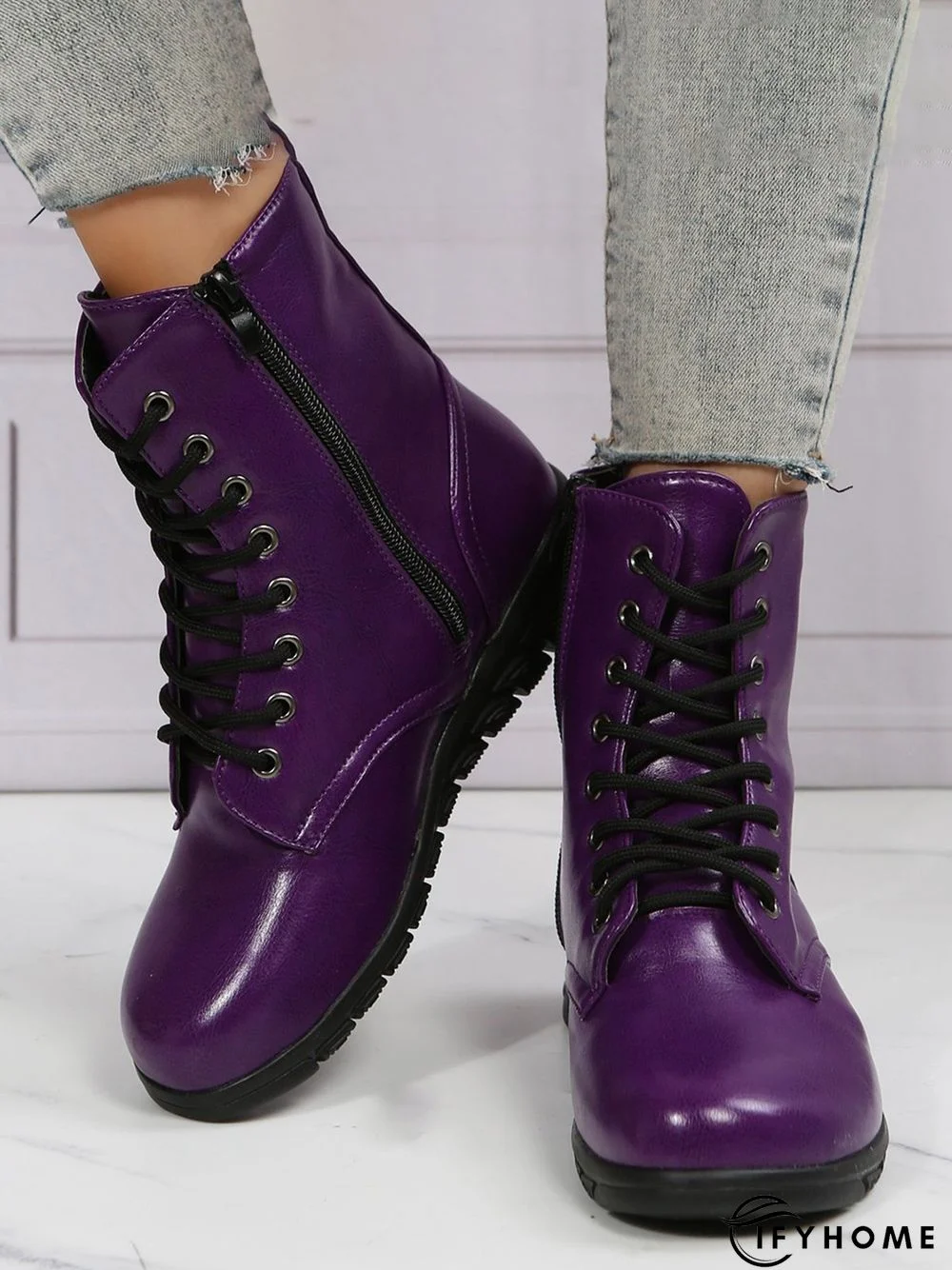 Comfy Lace-Up Decor Boots with Side Zip | IFYHOME