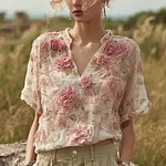Bohemian Retro Style Plant Flower Design Women's Linen Short-sleeve Top - Image 2