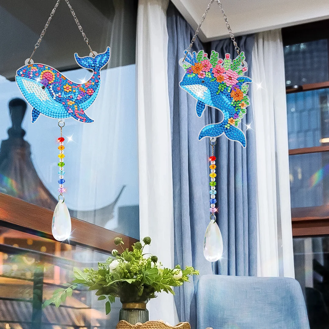 2Pcs Dolphin DIY Double-Sided Diamond Painting Hanging Kits Diamond Painting Suncatcher Craft Kit for Home Garden Wall Decor Gift
