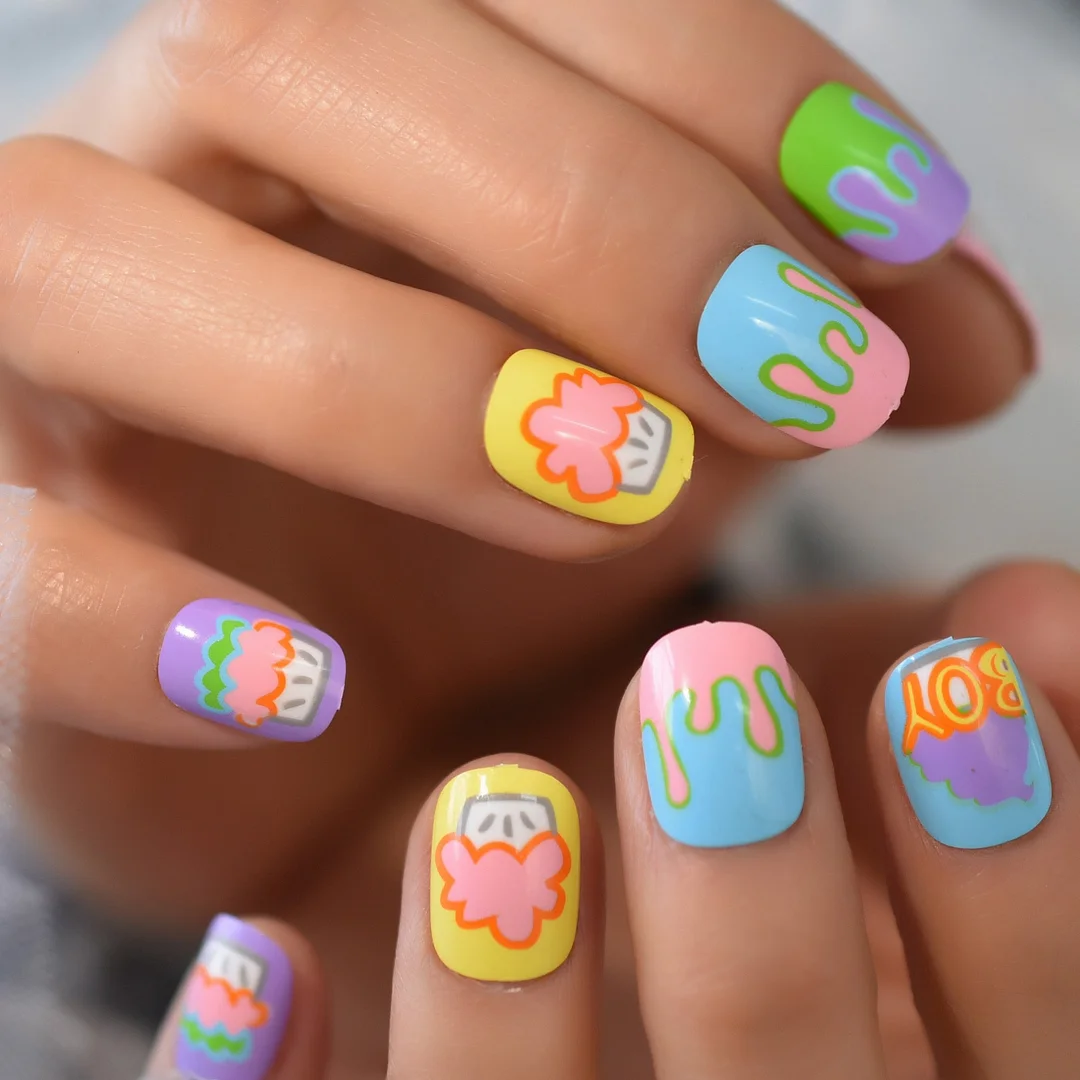 Colorful Pattern Cupcake Personality Cartoon Nail Tips Full Cover Nails Squoval Jam Design 2021 Lovely Nails Art Supplying IMABC