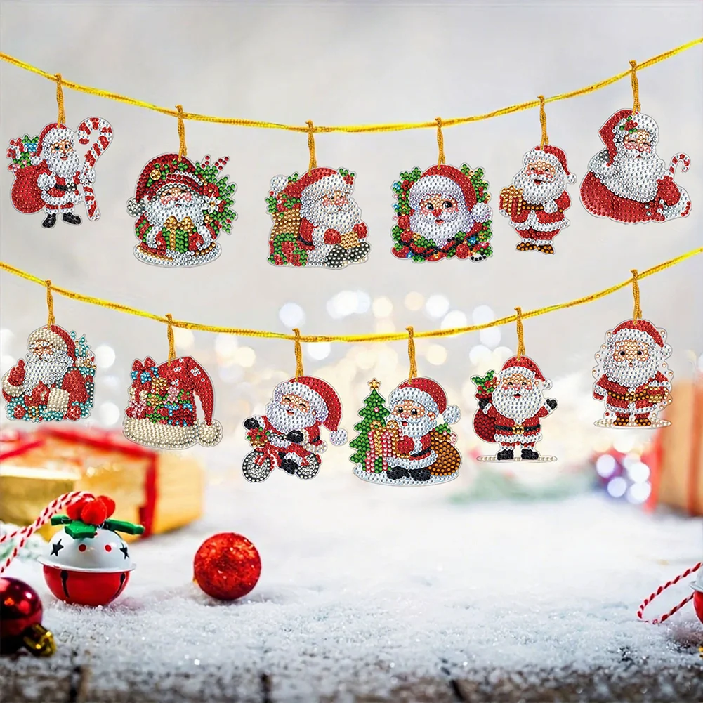 12Pcs Xmas Theme 2D Flat DIY Diamond Christmas Tree Pendant Wall Door Decoration