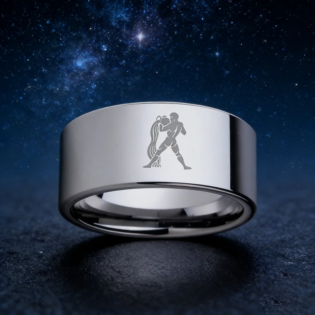4MM 6MM 8MM 10MM Silver Zodiac Aquarius Laser Couple Wedding Bands Flat Tungsten Carbide Rings for Men and Women