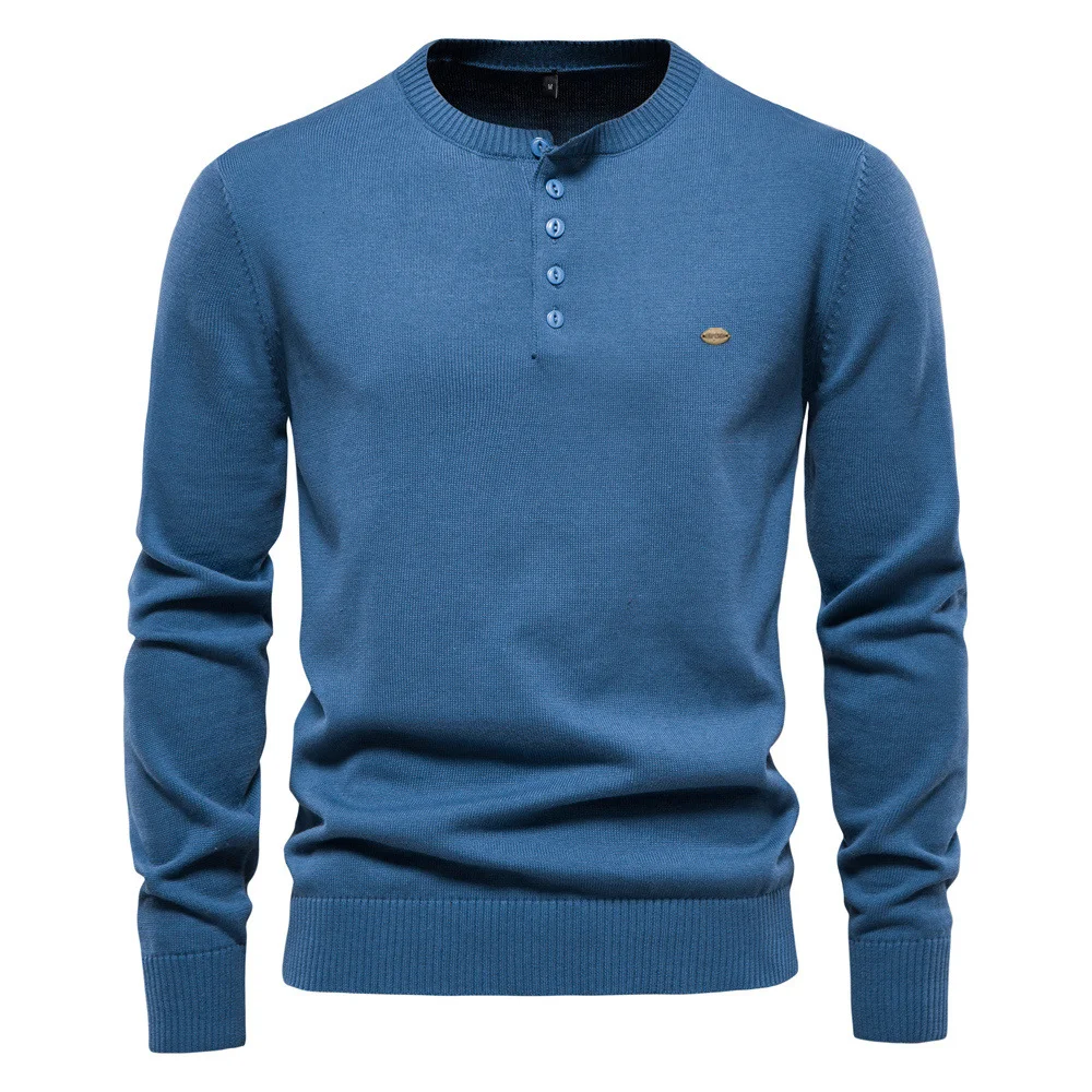 Men's Solid Henley Collar Pullover Knit Sweater
