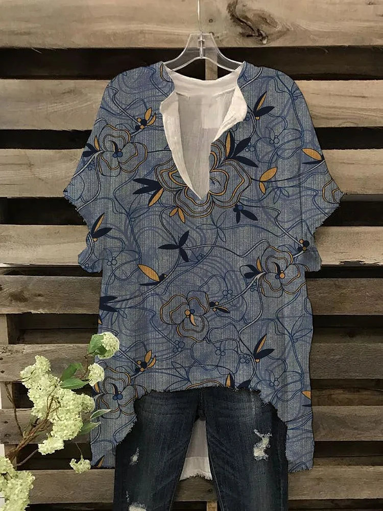 V Neck Casual Print Short Sleeve Shirts & Tops-Mayoulove