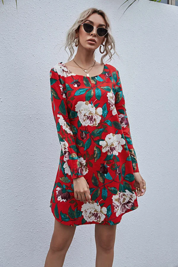 Fashion Round Neck Floral Print Shirt Dress