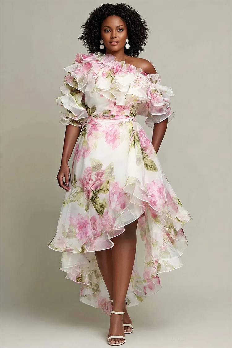 Xpluswear Design Plus Size Cocktail Party White Floral Oblique Collar Short Sleeve High Low Hem Ruffle Organza Midi Dresses [Pre-Order] 2024 - Xpluswear