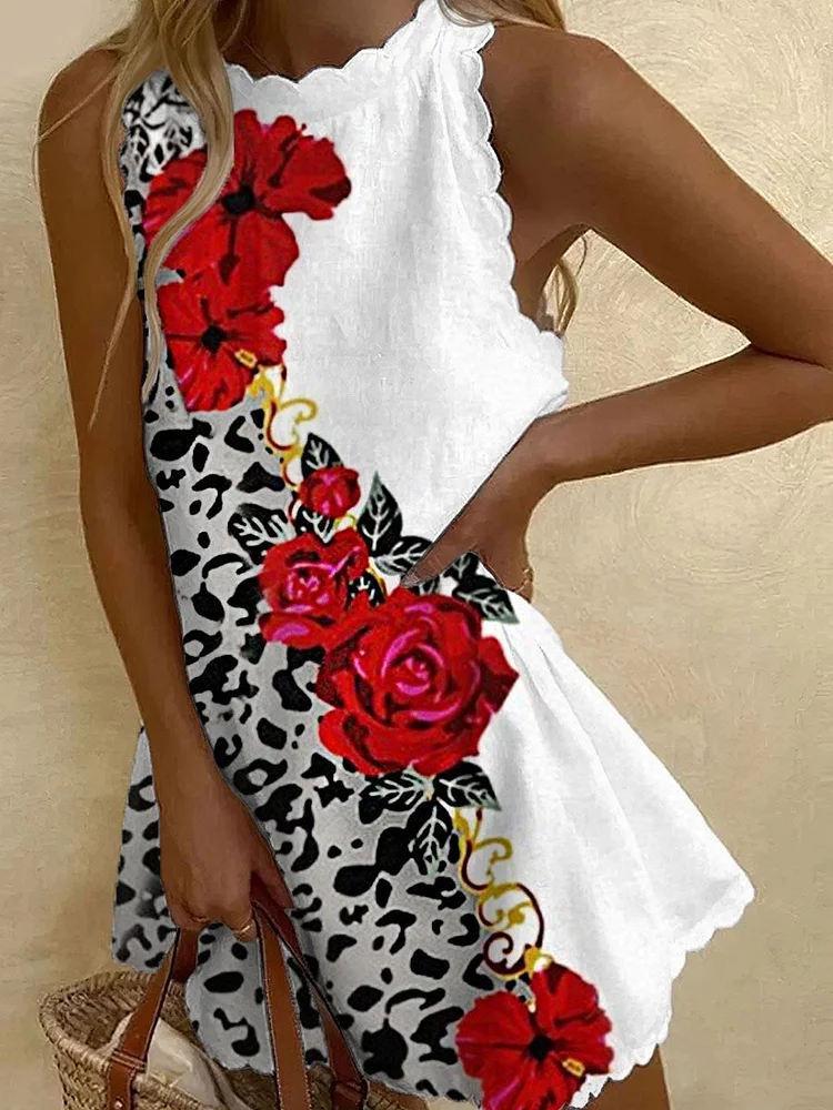 Women's Vintage Floral Leopard Panel Dress