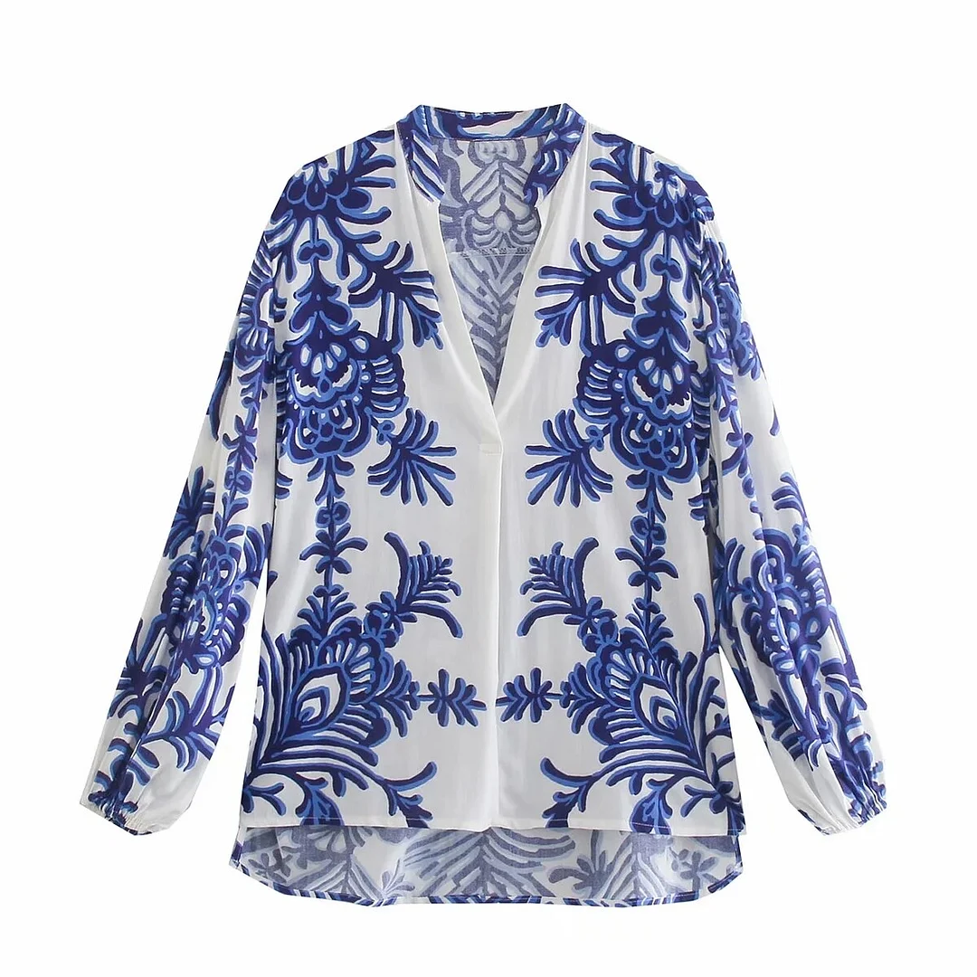 Fashion Blue Totem Print Long Sleeve V-neck Women Shirt 2021 Summer Autumn Pullover Vents Chic Office Lady Blouse Casual Tops