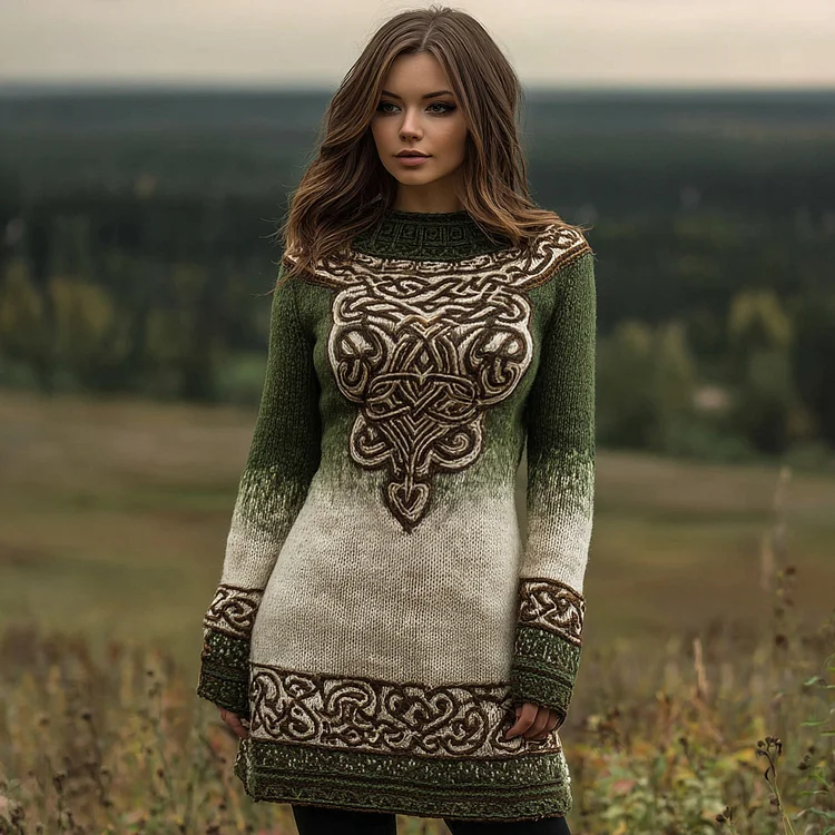 Vintage Celtic Knot Ombre Pattern Sweater Dress