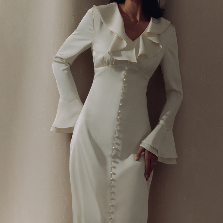 Ootddress Ruffled Elegant For Women Long Dress Fashion V-Neck Patchwork Long Sleeve Slim Party Dress Gown White Spring Maxi Dress