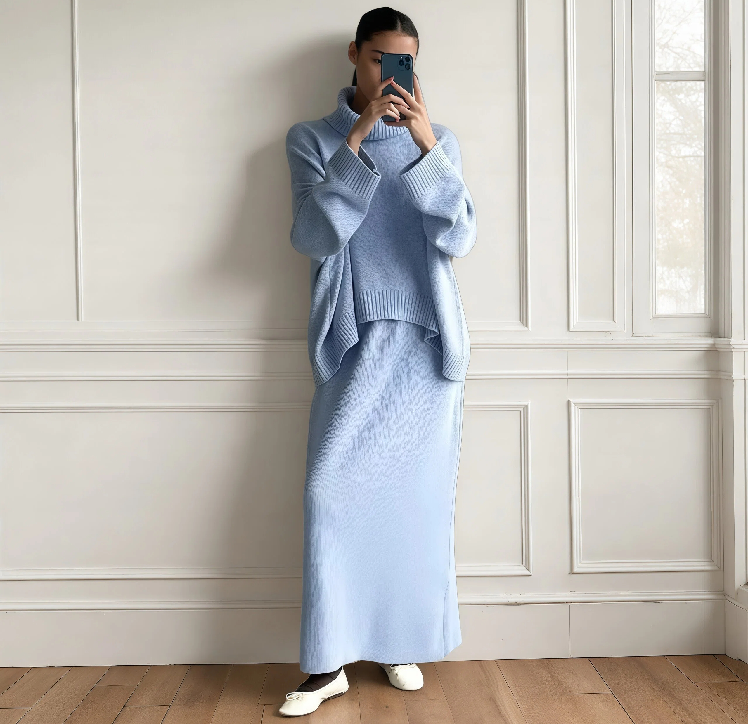 Turtleneck Knit Top and Maxi Skirt Set - HIGIANNA&reg;