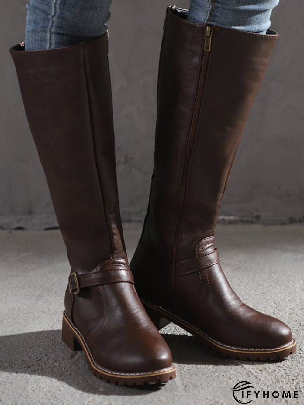 Vintage Round Toe Buckle Tall Boots Chunky Heel Riding Boots | IFYHOME
