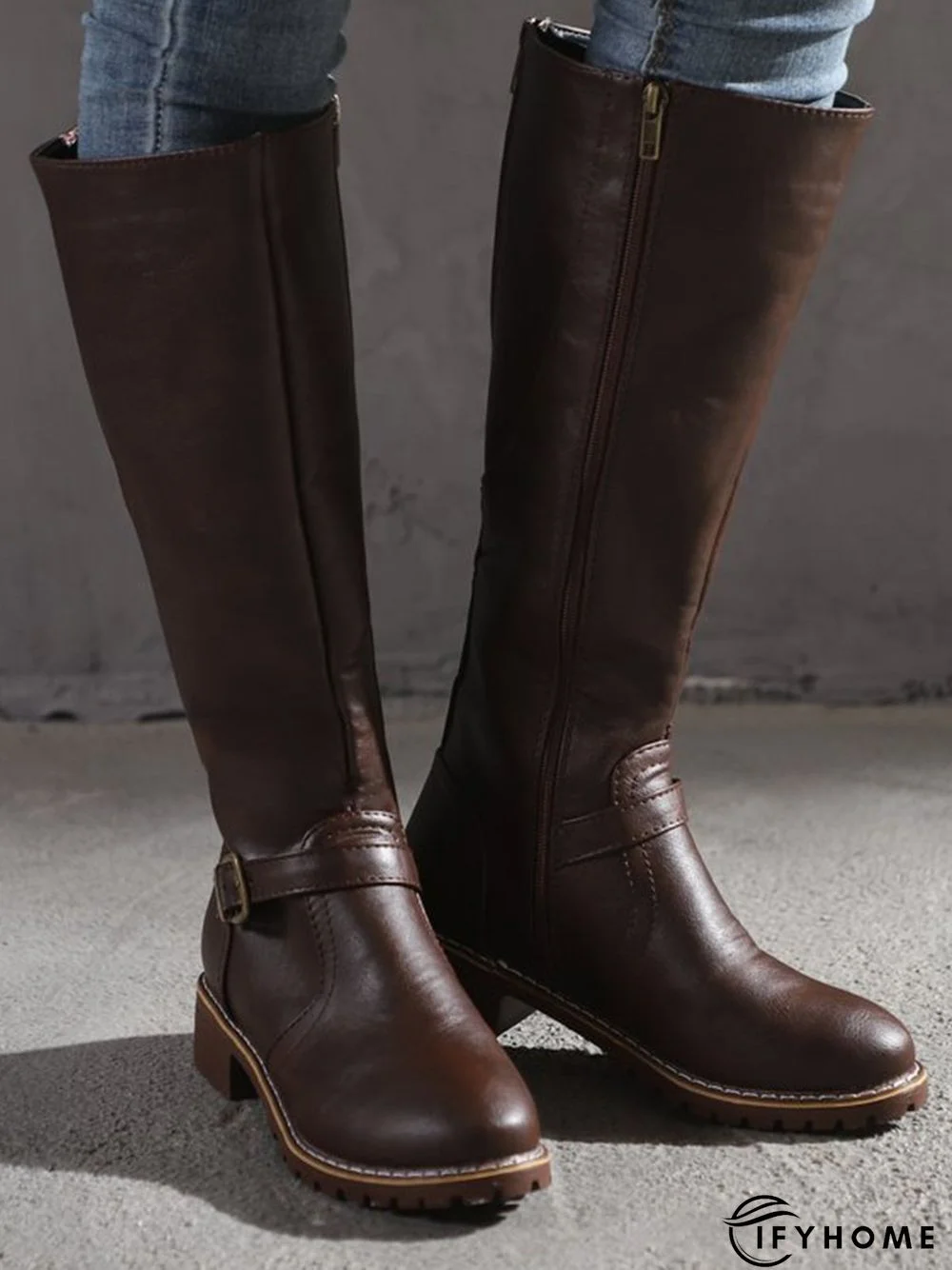 Vintage Round Toe Buckle Tall Boots Chunky Heel Riding Boots | IFYHOME