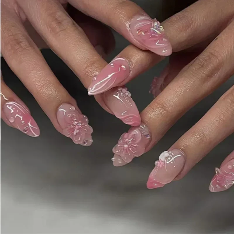 Qinice 24Pcs Sweet Short Almond French False Nails with Glue 3D Wave Nail Pattern Floral Pink Blush Press on Acrylic Nail Manicure Tips