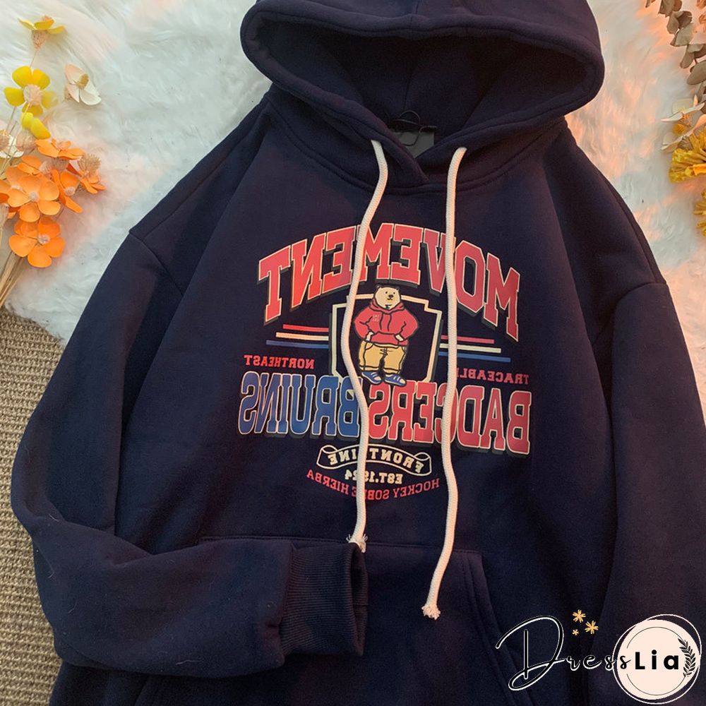 Unisex Street Retro Bear Letter Offset Hoodie