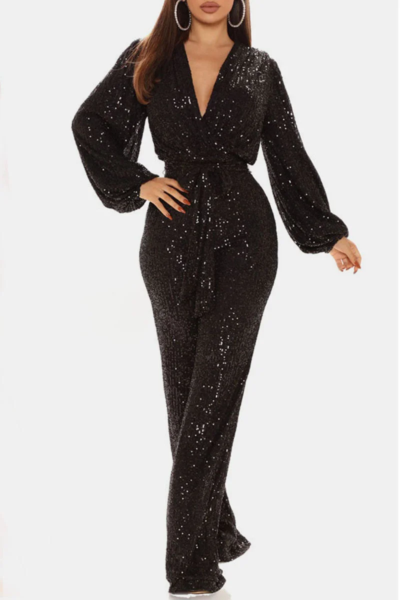 Sexy Solid Split Joint With Belt V Neck Straight Jumpsuits