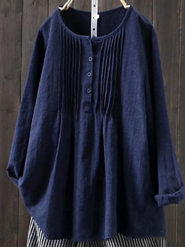Women's Solid Color Blouse Button Long Sleeve Round Neck Plus Size Tops
