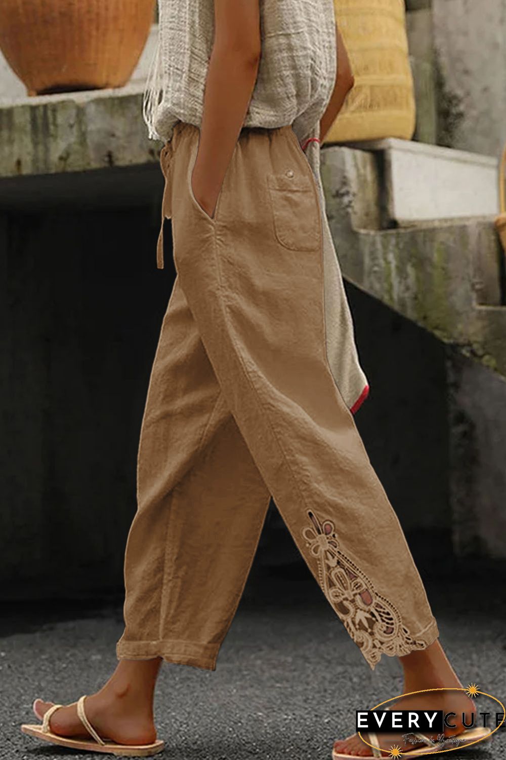 Khaki Lace Splicing Drawstring Casual Cotton Pants