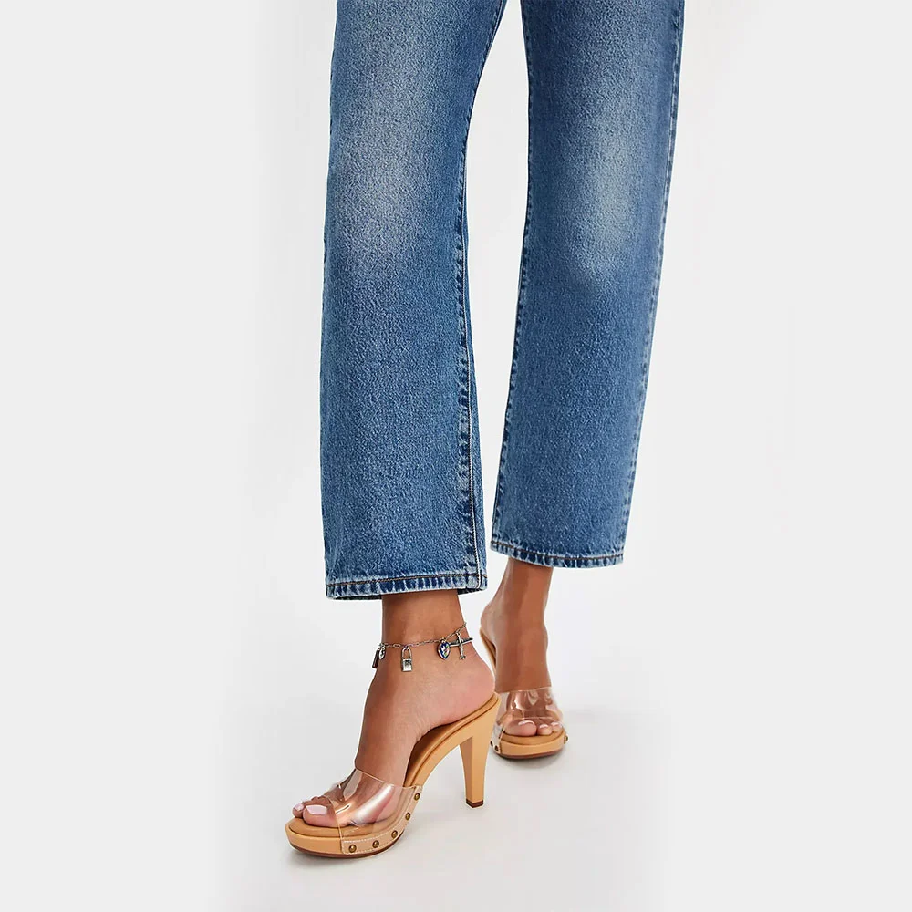 Ladies&lsquo; Crystal PVC Wide Strap Studded Platform Heel Clear Sandals