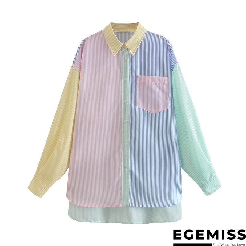 Green Casual Striped Print Patchwork Buckle Turndown Collar Tops | EGEMISS