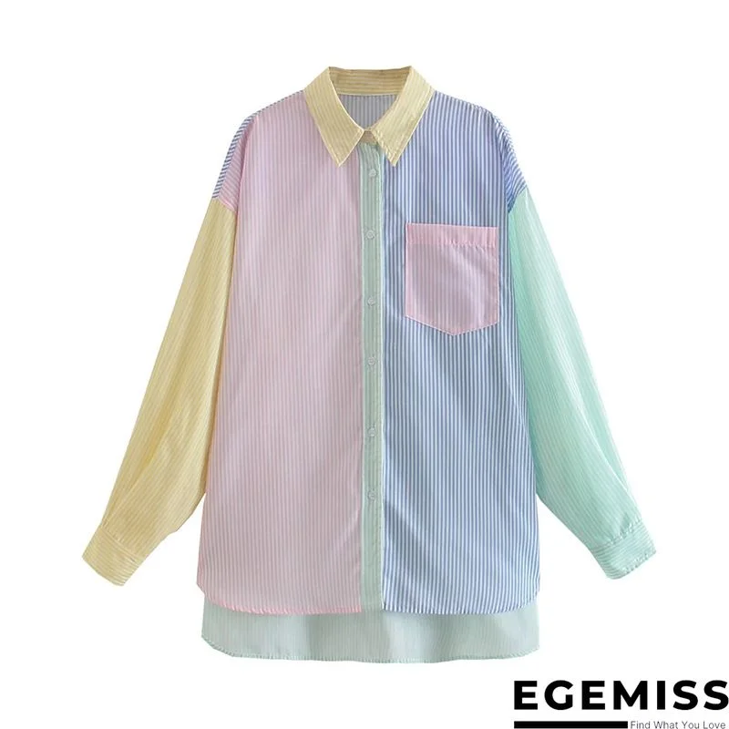 Green Casual Striped Print Patchwork Buckle Turndown Collar Tops | EGEMISS