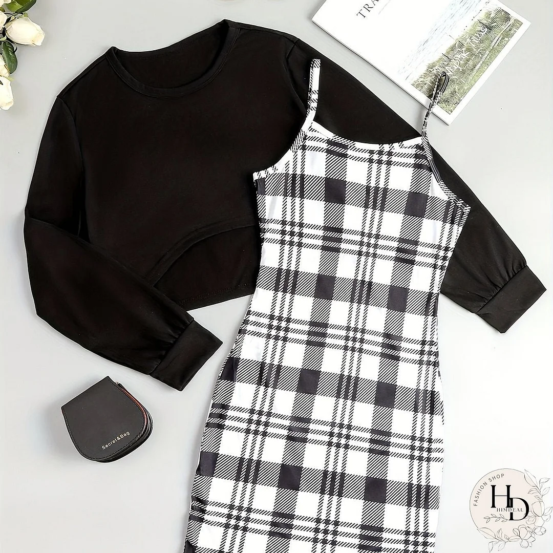 Casual Two-piece Dress Set, Asymmetrical Hem Long Sleeve Crop T-shirt & Plaid Pattern Cami Dress Outfits, Women's Clothing