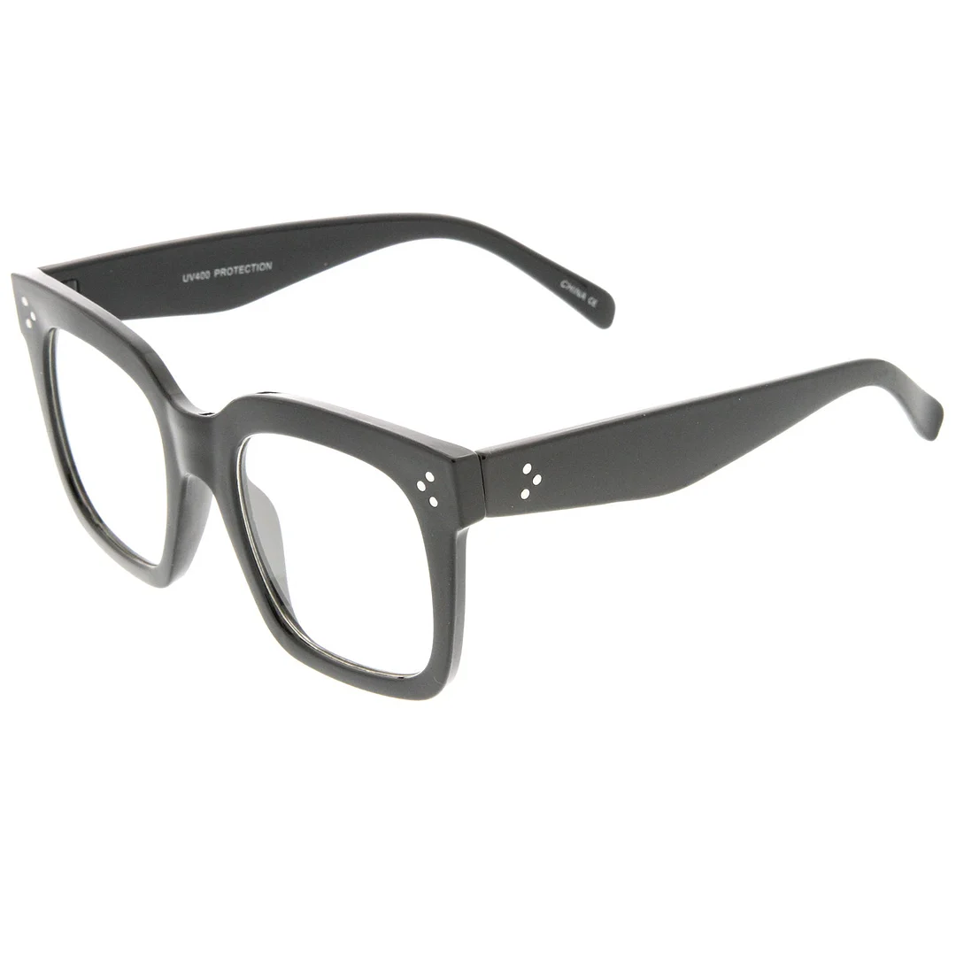 Oversize Wide Temple Flat Lens Horn Rimmed Square Glasses 51mm