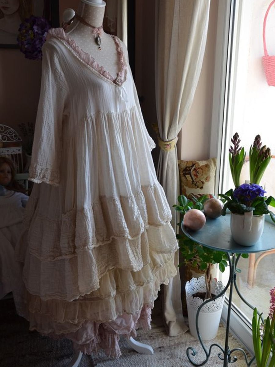 Women's Lace Trim V-neck Layered Ruffled Hem Linen Dress