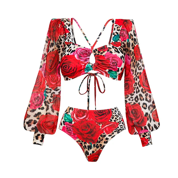 Lace Up Chiffon Long Sleeves Leopard Print High Waist Bikini Swimsuit and Skirt