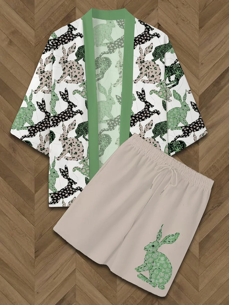 Men's Easter Rabbit Pattern Kimono Cardigan Casual Shorts Matching Set