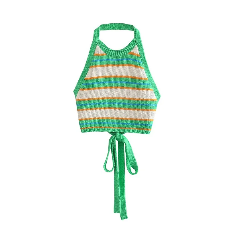Striped Pattern Halter Knit Top Summer Fairy Grunge Sleeveless Backless Tanks 2000s Women Harajuku Clothes Streetwear