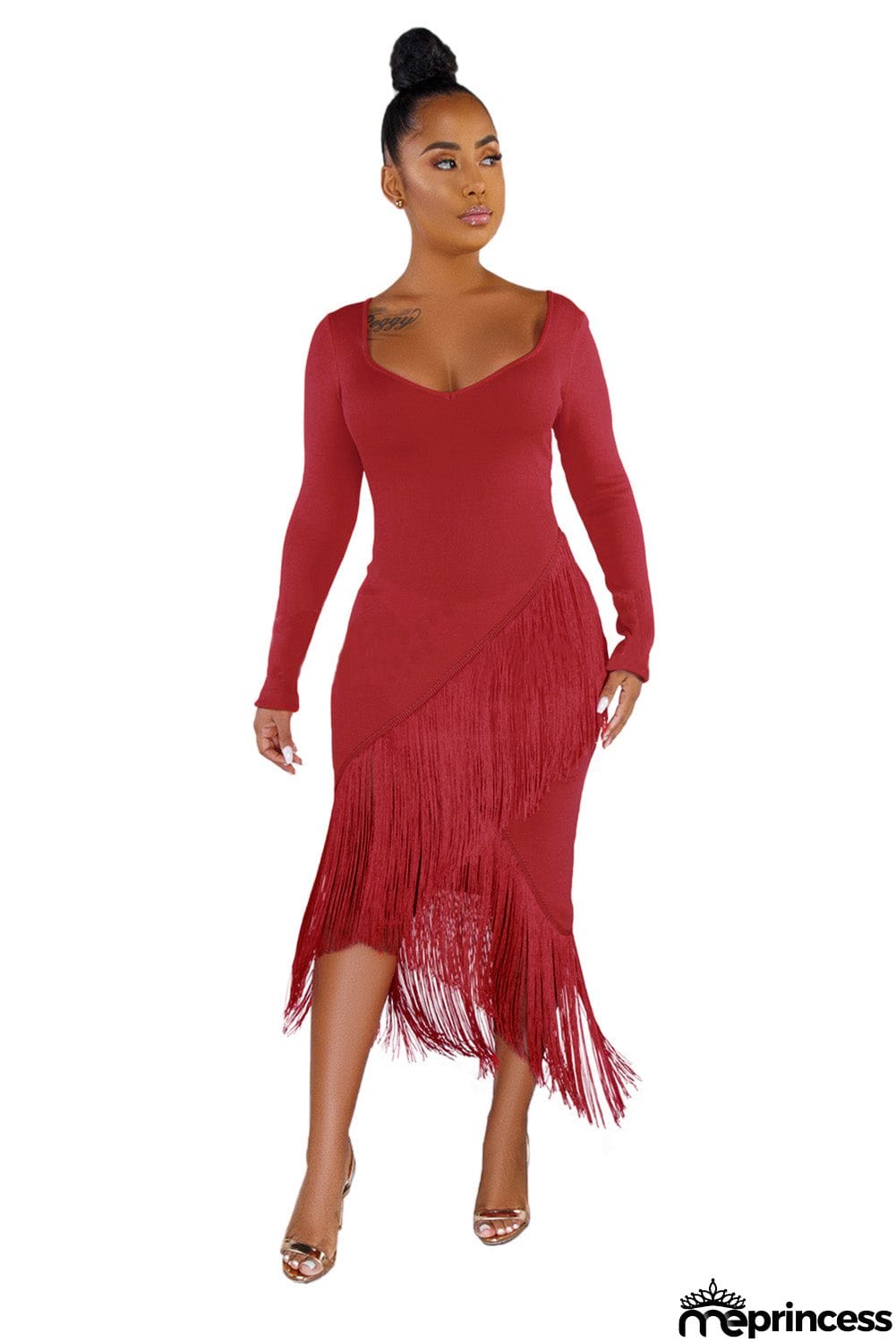 Glove Sleeves Fringed High-low Midi Dress