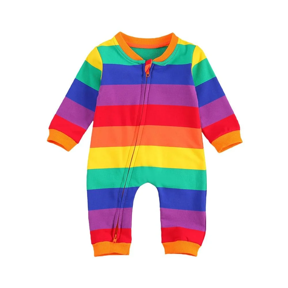 Newborn Colorful Rainbow Stripped Romper, Infant Baby Girls Boys Casual Style Long Sleeve Round Neck Zipper Closure Jumpsuit
