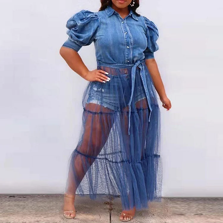 Denim Puff Sleeve Button Detailed Sheer Mesh Patchwork Plus Size Dress - IRBOOM Fashion Clothing