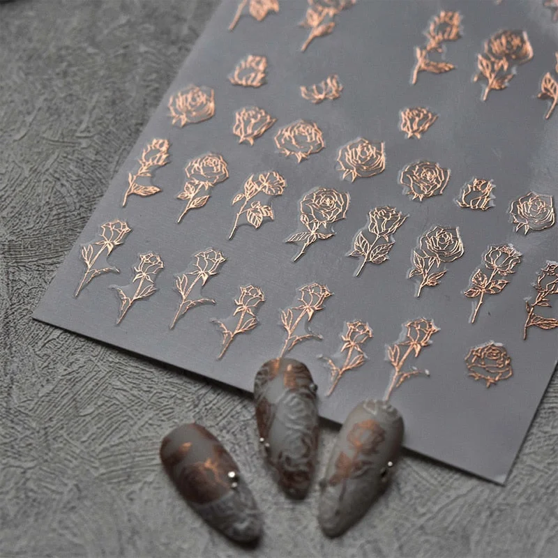 3D Nail Stickers Pro Golden Rose Design Transfer Sliders Blue Blooming Marble Series Nail Art Decal Sliders Decoration