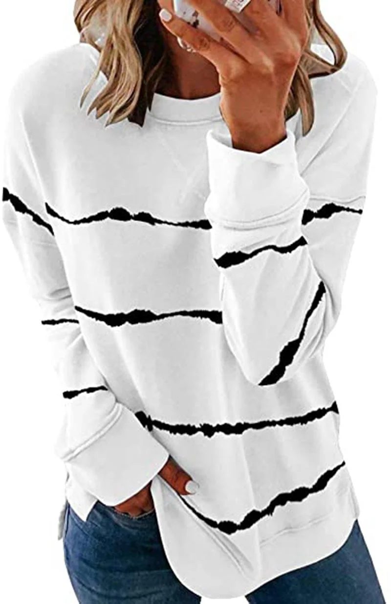 Brownm Tie-dyed Printed Striped Round Neck Loose Blouses