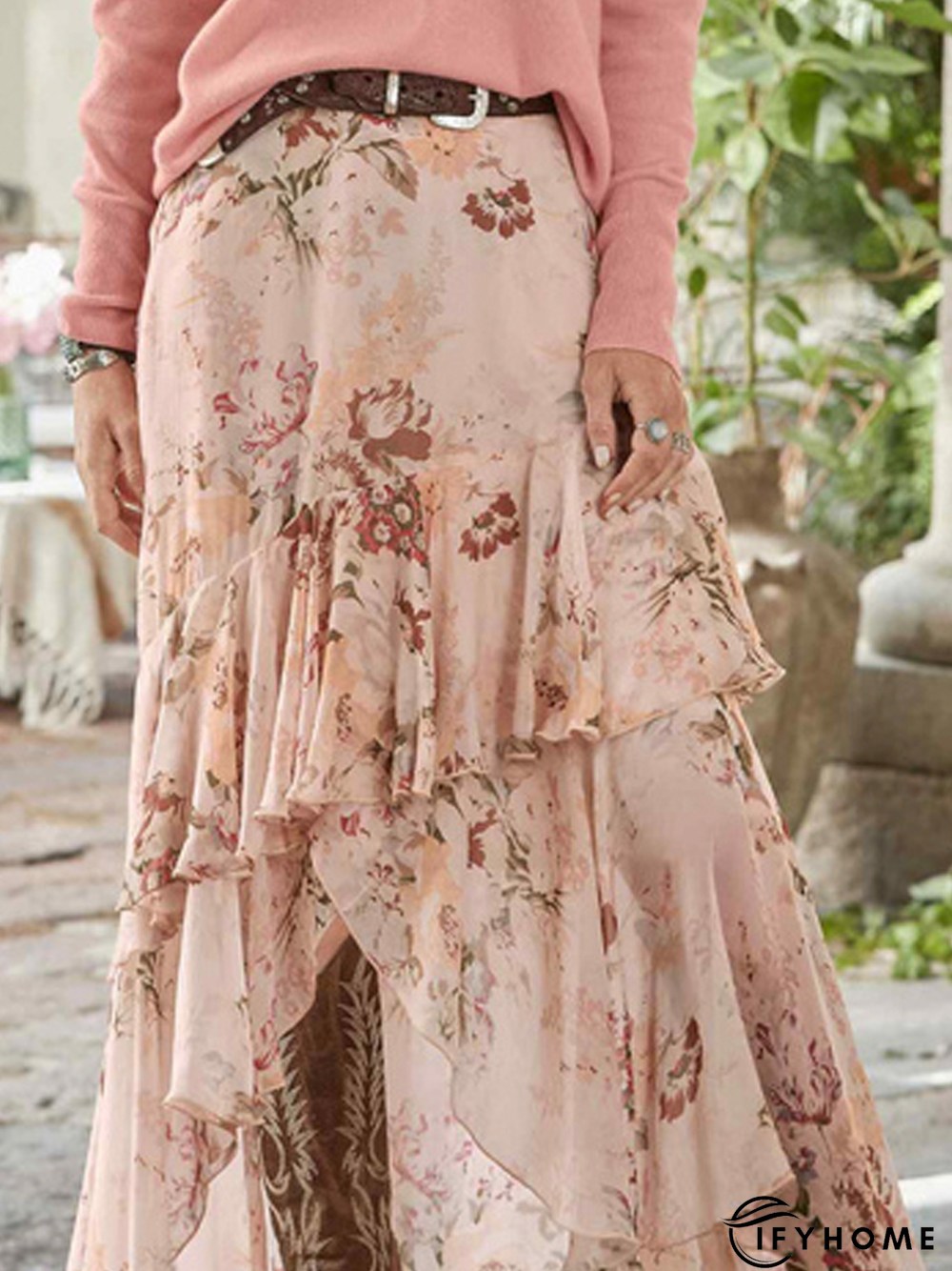 Loose Red Floral Chiffon Vacation Skirt | IFYHOME