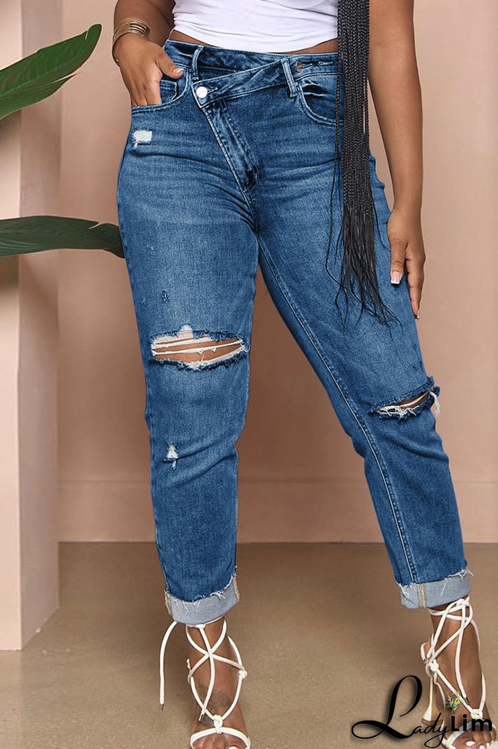 Light Blue Street Solid Ripped Patchwork High Waist Denim Jeans