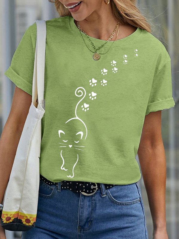 Women's Cute Cat Dog Paw Printed Casual T-shirt