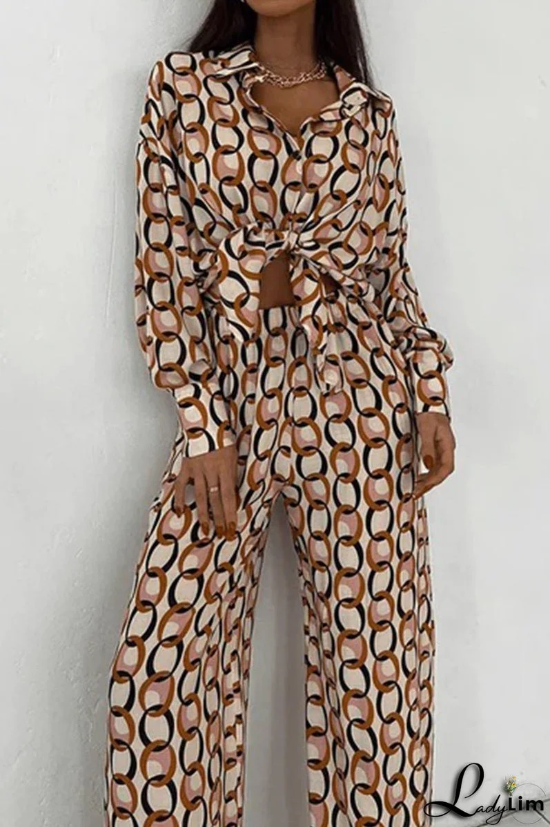 Casual Geometric Print Buttons Turndown Collar Long Sleeve Two Pieces
