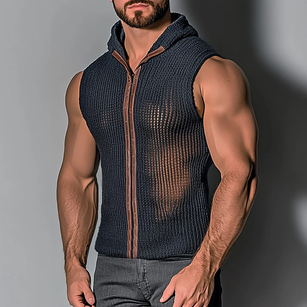 Men's Knitted Solid Color Zipper Sleeveless Hoodie-inspireuse