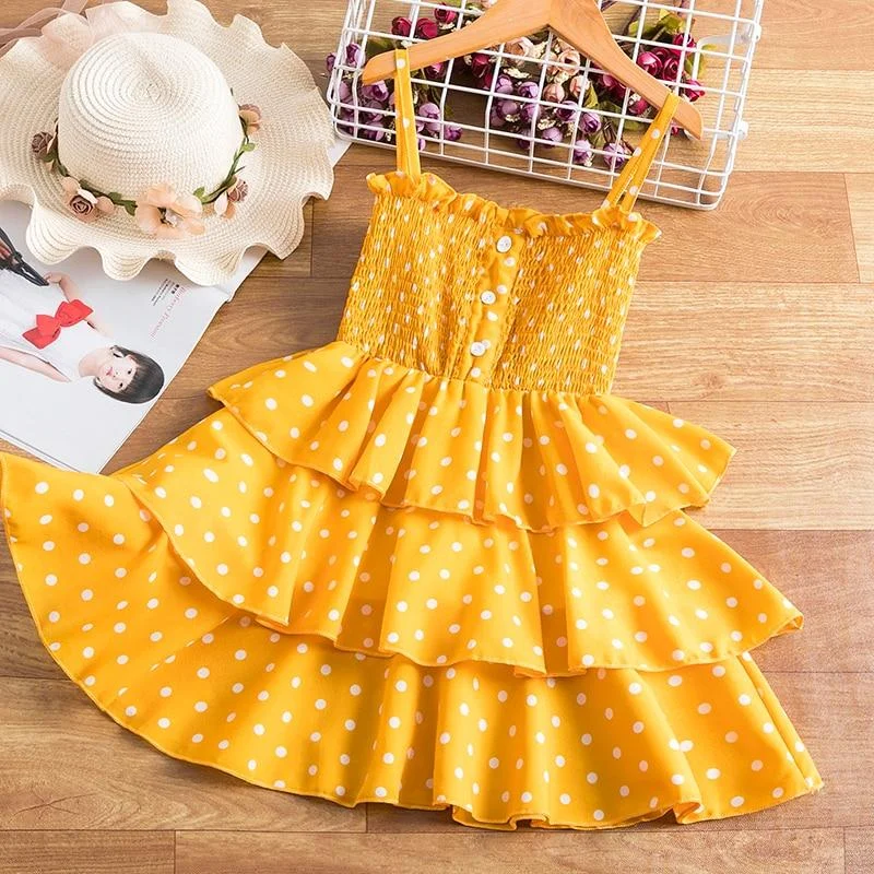 3-8 Years Summer Dress For Girls Flower Polka Dot Sling Cake Fluffy Dresses Wedding Party Princess Bridesmaid  Formal Gown