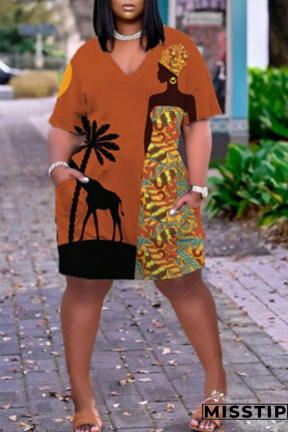 Tangerine Red Fashion Casual Print Basic V Neck Short Sleeve Dress