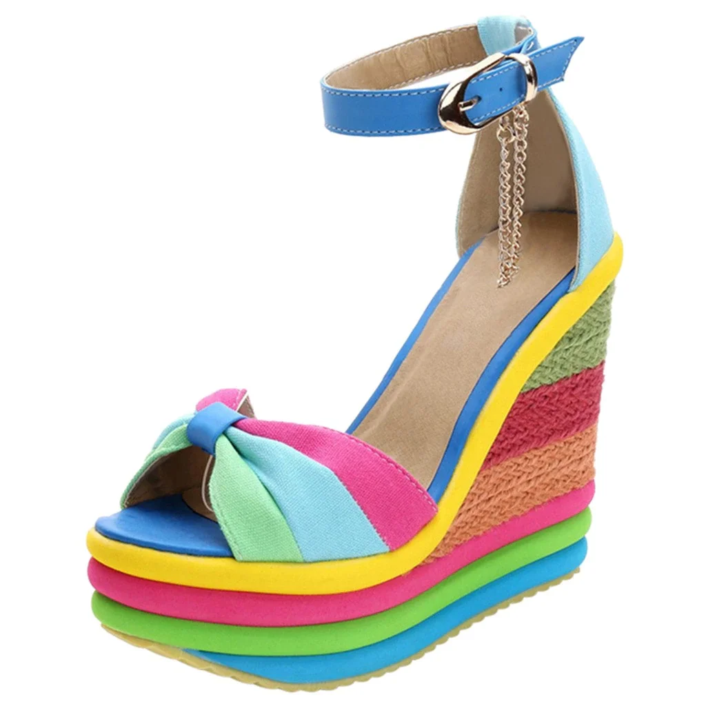 Qengg Summer Sandals Women Women's Ladies Wedges High Multicolor Patchwork Sandals Peep Toe Roman Shoes Sandals High Heels