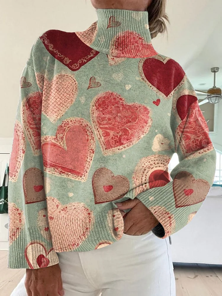 Valentine's Day Vintage Love Art Print Knit Turtleneck Pullover Sweater