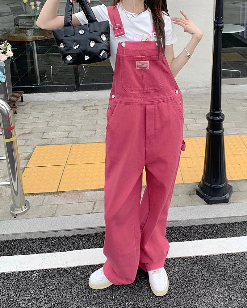 Tlbang Pink Women Denim Jumpsuit Y2K Spring Autumn Loose Casual Straight Overalls Fashion Wide Leg Suspender Jeans