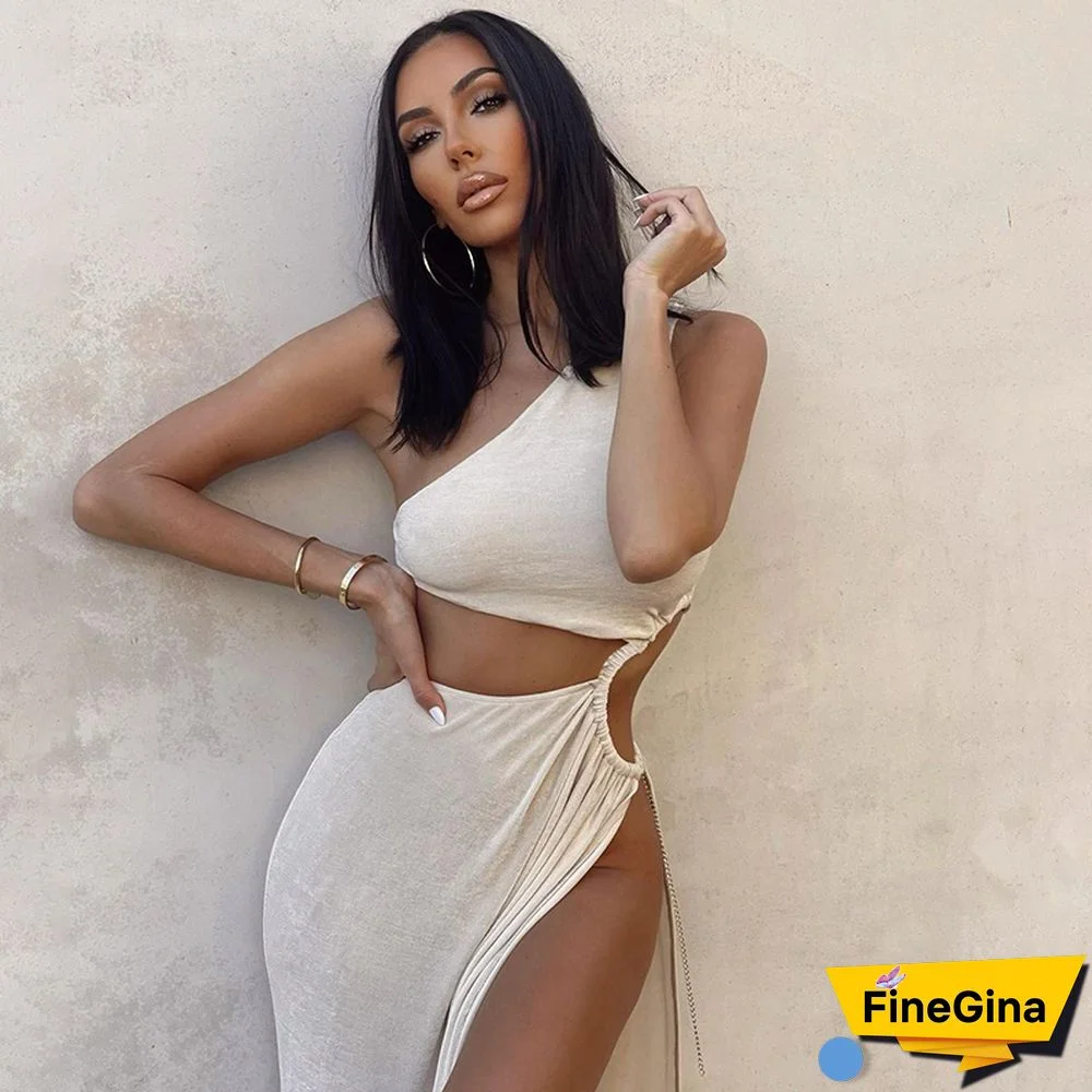 Women Round Cutouts Asymmetrical Neck Elegant Stunning Maxi Dress Midnight Party Robe Female Side Split White Dresses